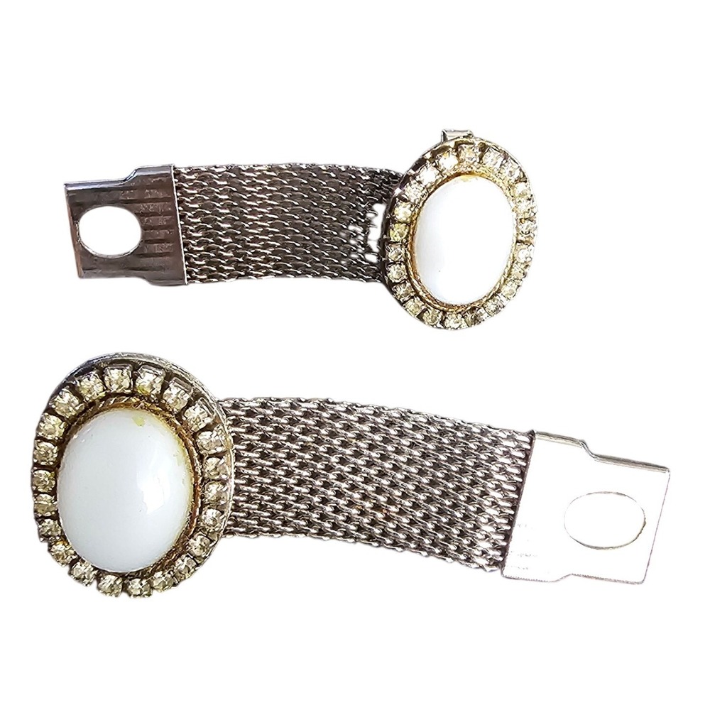 Vintage Silver Tone Mesh Wrap Cufflinks White Cabochon Rhinestone Halo Retro